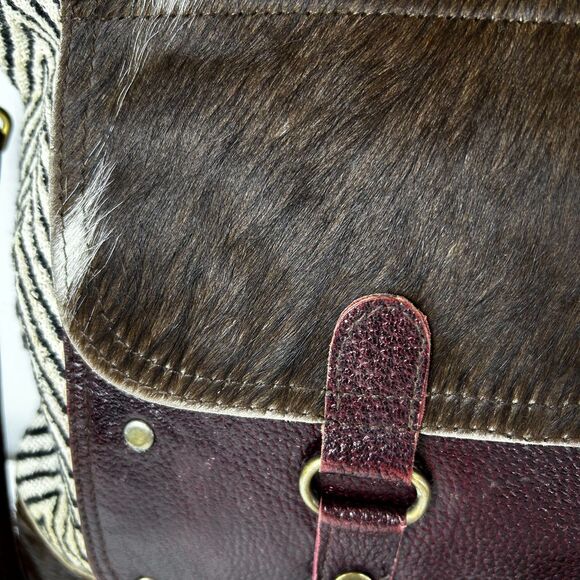 Myra Mixed Media Wine Leather Chevron Fabric Haircalf Shoulder Crossbody Bag - Picture 4 of 13